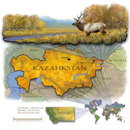 Kazahkstan Map designed for the Rocky Mountain Elk Foundation